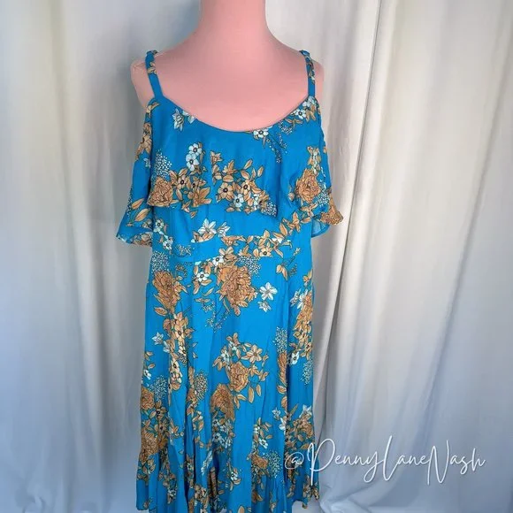 Torrid Plus Mini Gauze Cold Shoulder Skater Dress Blue Floral - Picture 3 of 11
